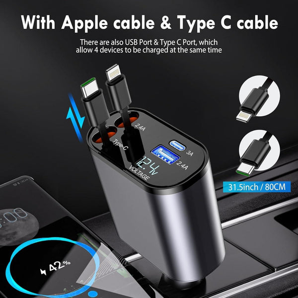 Retractable 4 in 1 Fast Car Phone Charger : Exclusive Collection